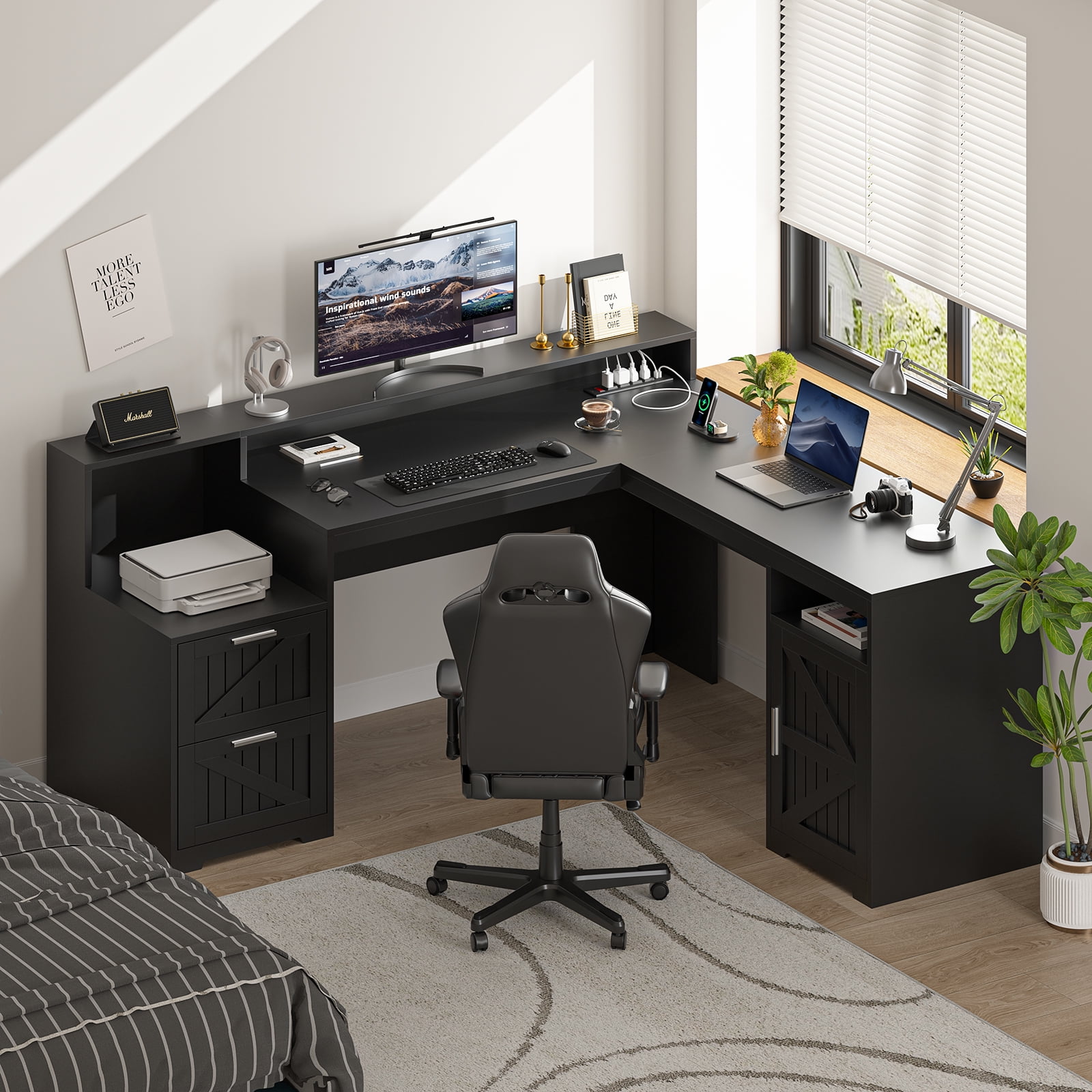 63" Farmhouse L Shaped Desk with Drawers & Storage Shelf, Corner Computer Desk with Power Outlets for Home Office, Executive Desk with Monitor Stand, Printer Shelf, Black