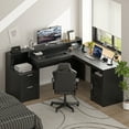 thumbnail image 4 of 63" Farmhouse L Shaped Desk with Drawers & Storage Shelf, Corner Computer Desk with Power Outlets for Home Office, Executive Desk with Monitor Stand, Printer Shelf, Black, 4 of 9