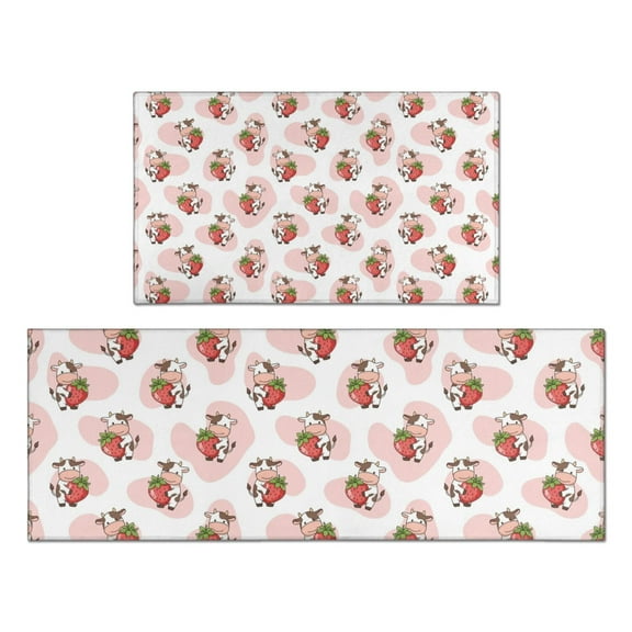 Pink Cow Strawberry Pattern Kitchen Rugs Sets Of 2,Anti Fatigue Kitchen Mat Rugs Non Slip Washable,Decorative Kitchen Floor Mats for Kitchen,Sink,Laundry,17"x30" 17"x47"