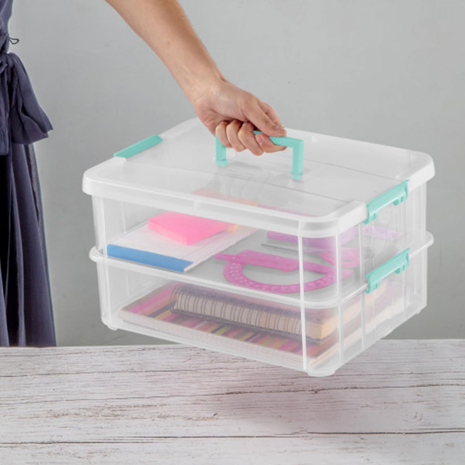 12-Pack Stack & Carry, 2 Layer Handle Box for Home & Office Storage - Clear Base & Lid with Color Latches, Organizer for Art & Craft Supplies, Sewing Tools or 8.5" x 11" Paper