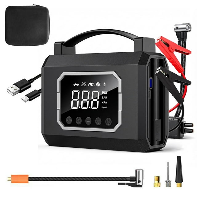 800A 12V Car Jump Starter with 160PSI Air Compressor, 6000mAh Portable Power Bank, 400LM 3-Mode LED Flashlight - Intelligent Tire Pressure Preset, 25L/min Inflation Speed, ABS Material, for 4.0L