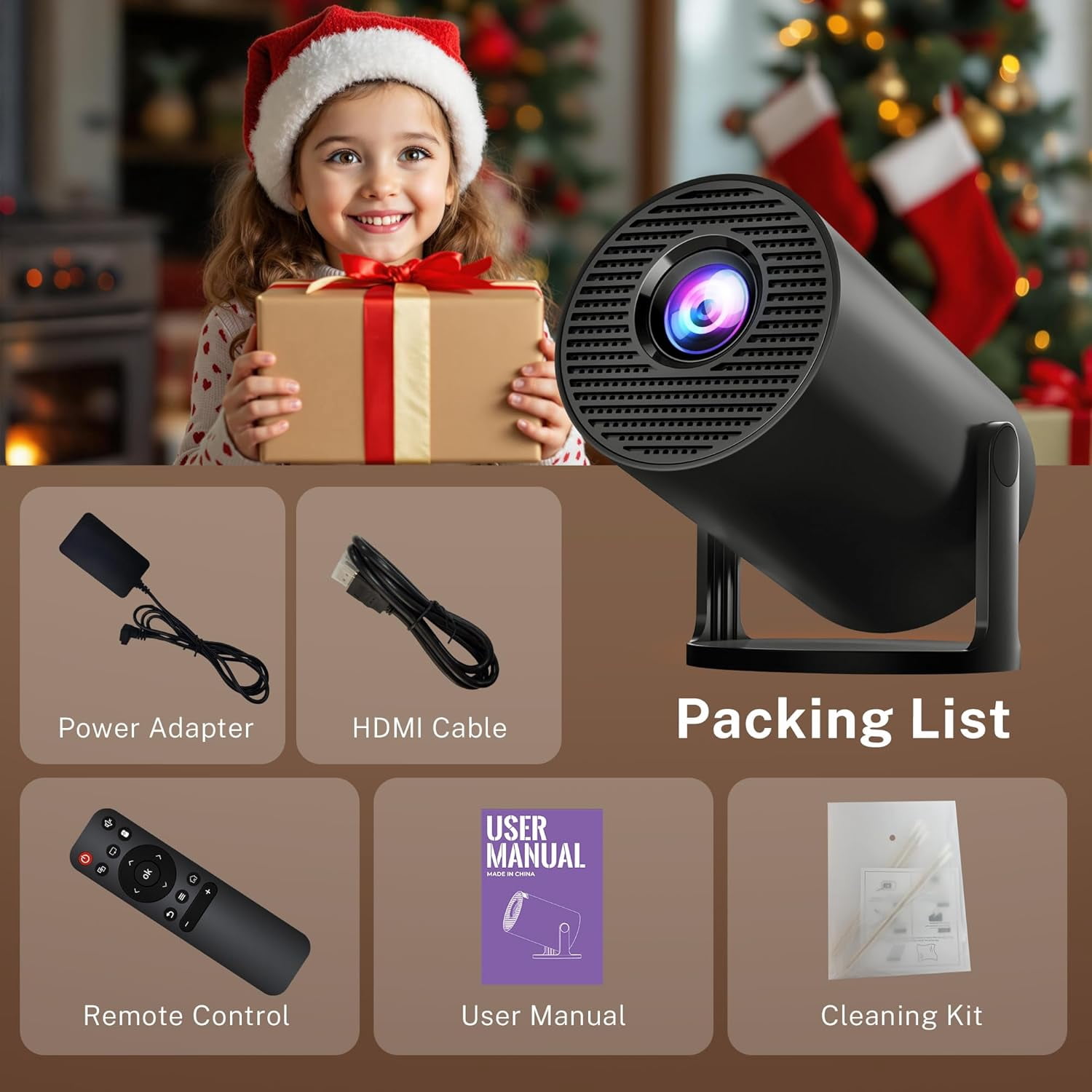 Projector with WiFi 6  5.4 Android 14 1080P 4K Support Portable Auto  OptiBarrel 500 Black