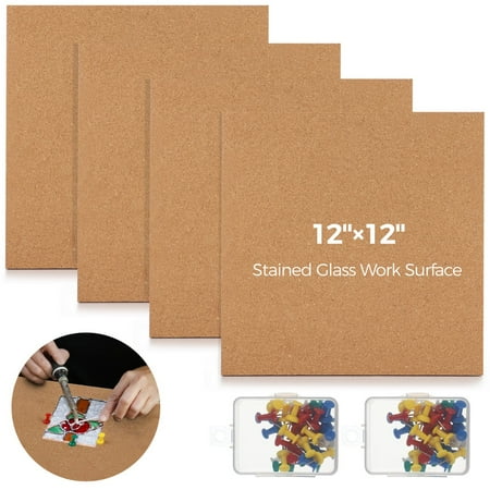 4Pcs Stained Glass Supplies, 12×12" Heat Resistant Stained Glass Work Surfaces with Push Pins, 1/2" Thick Stain Glass Tools, Stained Glass Cutting Mats for Table Countertop Protection