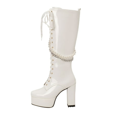 

Ediodpoh Solid Color Square Toe Thick High Heels Platform Glossy Leather Women Boots Lace up Pearl Chain Fashion Store High Boots Women Boots White 8.5