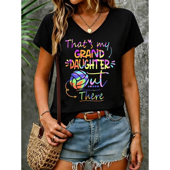 That's My Granddaughter Out There Volleyball for Grandma V Neck T-Shirt Cotton Women's V Neck Graphic Tee, Casual Short Sleeve Shirt,Vacation Outfit