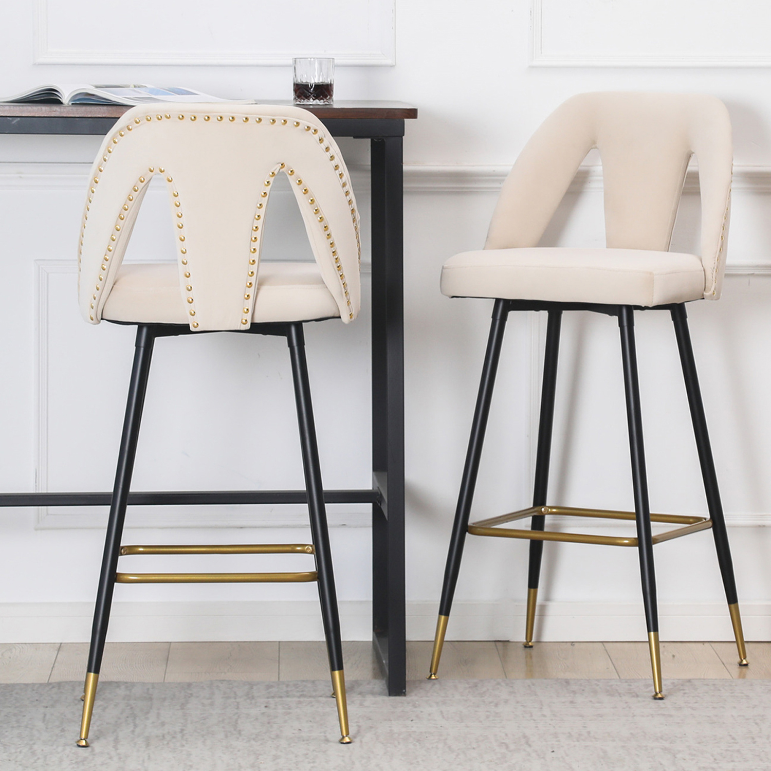 SYNGAR Modern Bar Chairs Set of 2, Contemporary Velvet Upholstered Bar