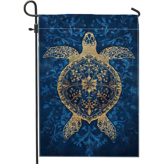 Navy Blue Sea Turtle Garden Flag, Double Sided Burlap Outdoor Yard Banner, 12 x 18 Inch