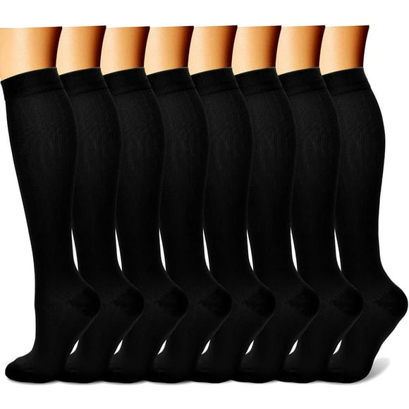 CHARMKING Bas de Compression pour Femmes et Hommes (8 Paires) 15-20 mmHg Bas de Soutien en Cuivre Gradué Sont Idéals pour les Femmes Enceintes, les Infirmières - Augmentent la Performance, la Circulation, Jusqu'au Genou et Mollet Grand (L/TG, Noir)
