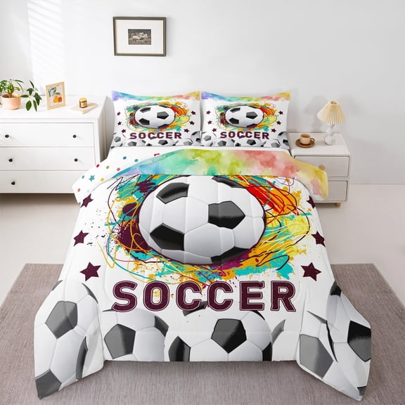Feelyou Modern Football Gaming Bedding Comforter Set for Boy, Black White Honeycomb Twin Comforter Sets, Cartoon Sport Theme Reversible Bedding Set, Super Cozy Room Decor, 2 Pieces