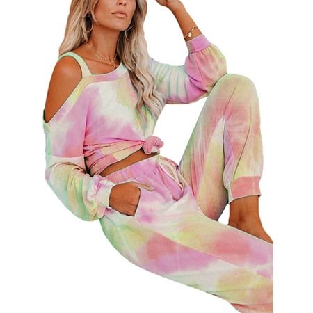 

Rejlun Women Sleepwear Outfits Tie Dye Nightwear Suit One Shoulder Pajamas Set Loose Pjs Comfy Homewear Home Clothes Yellow XL