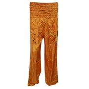 Mogul Women's Harem Pants Orange Floral Print Smocked Waist Yoga Pant