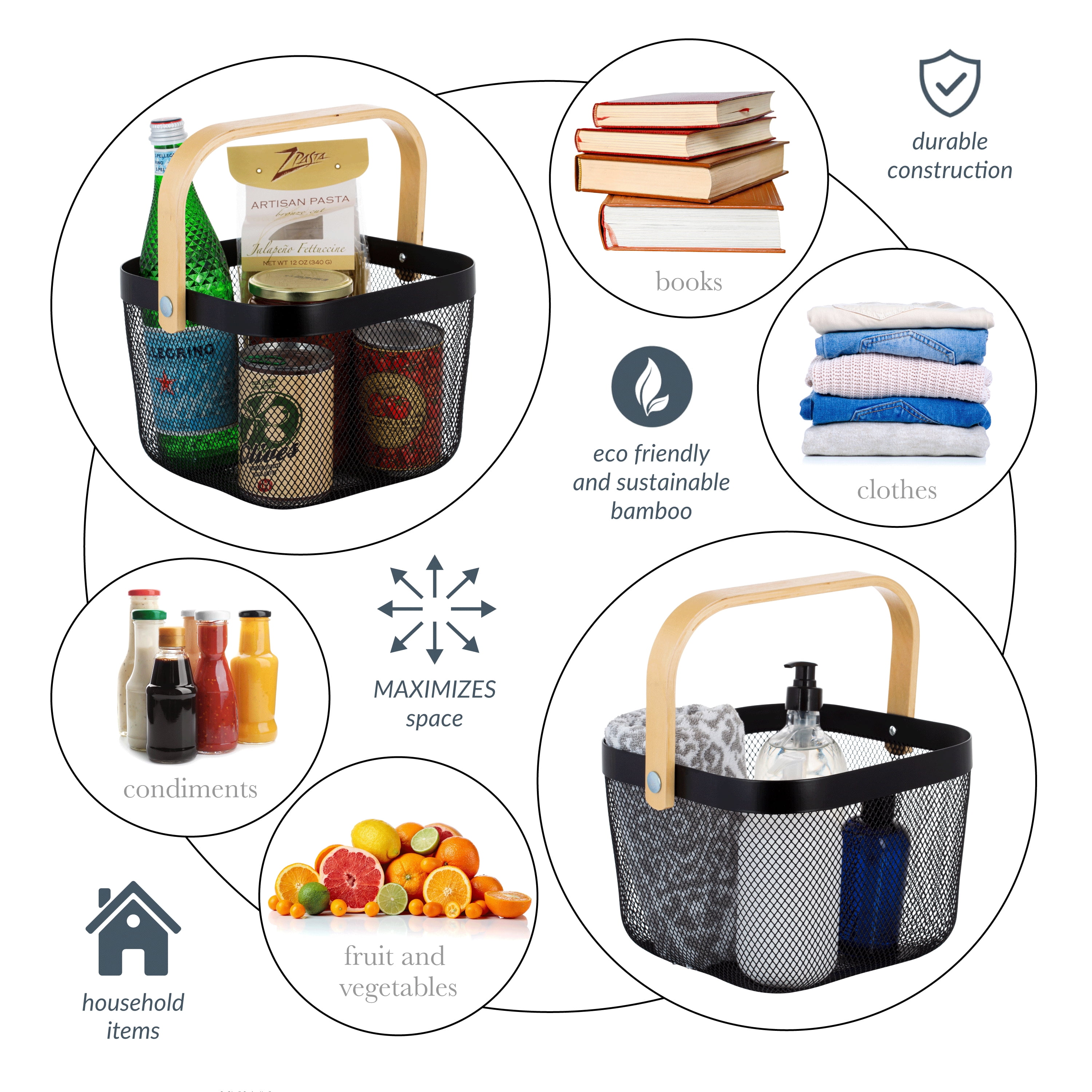 Simplify Mesh Tote Basket with Bamboo Handle in Black