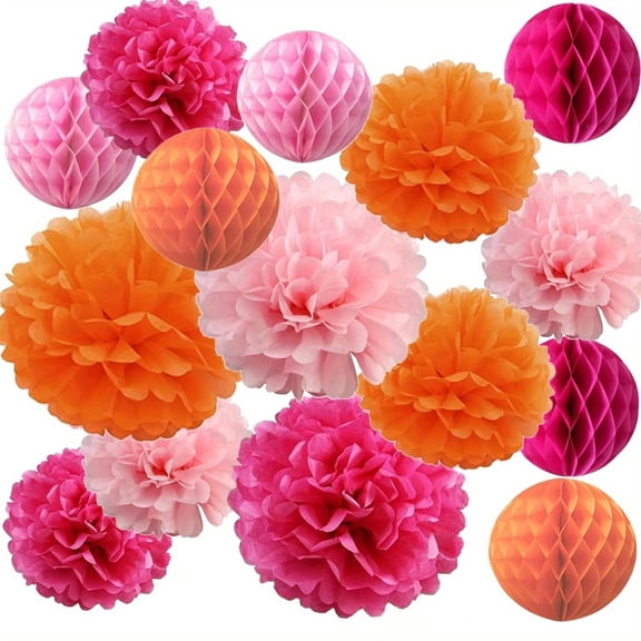 15 Hot Pink Orange Tissue Paper Flower Pom Pom Honeycomb Balls, Wedding Bride Birthday Baby Shower Decoration, Bachelorette Party Thanksgiving Fall Autumn Baby Room Wall Hanging Decoration