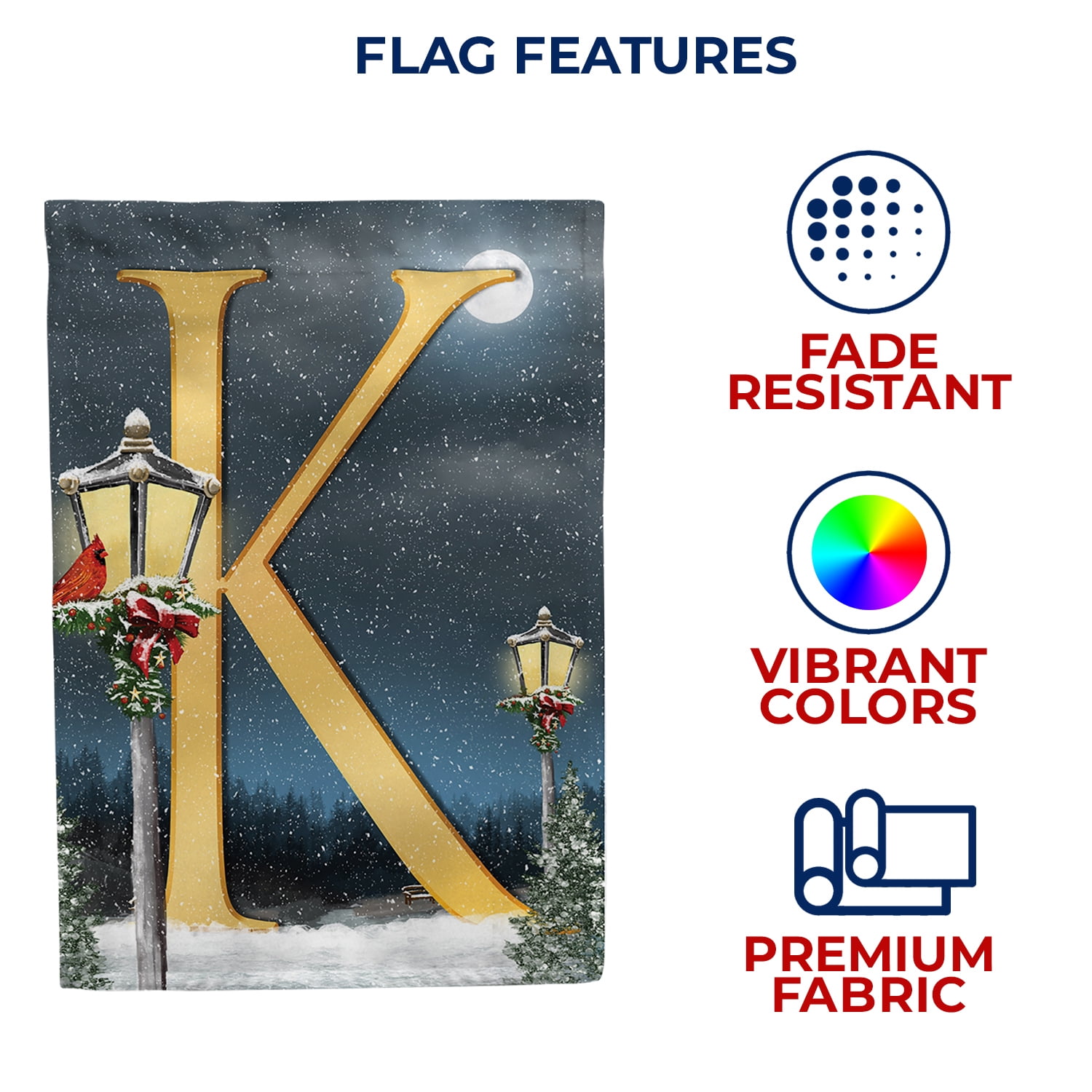 America Forever Winter Monogram Letter K House Flag Vertical Double Sided 28 x 40 inches Merry Christmas Happy Holiday Winter Seasonal Flags for Outdoor, Yard Porch Decoration, Cardinal House Flag