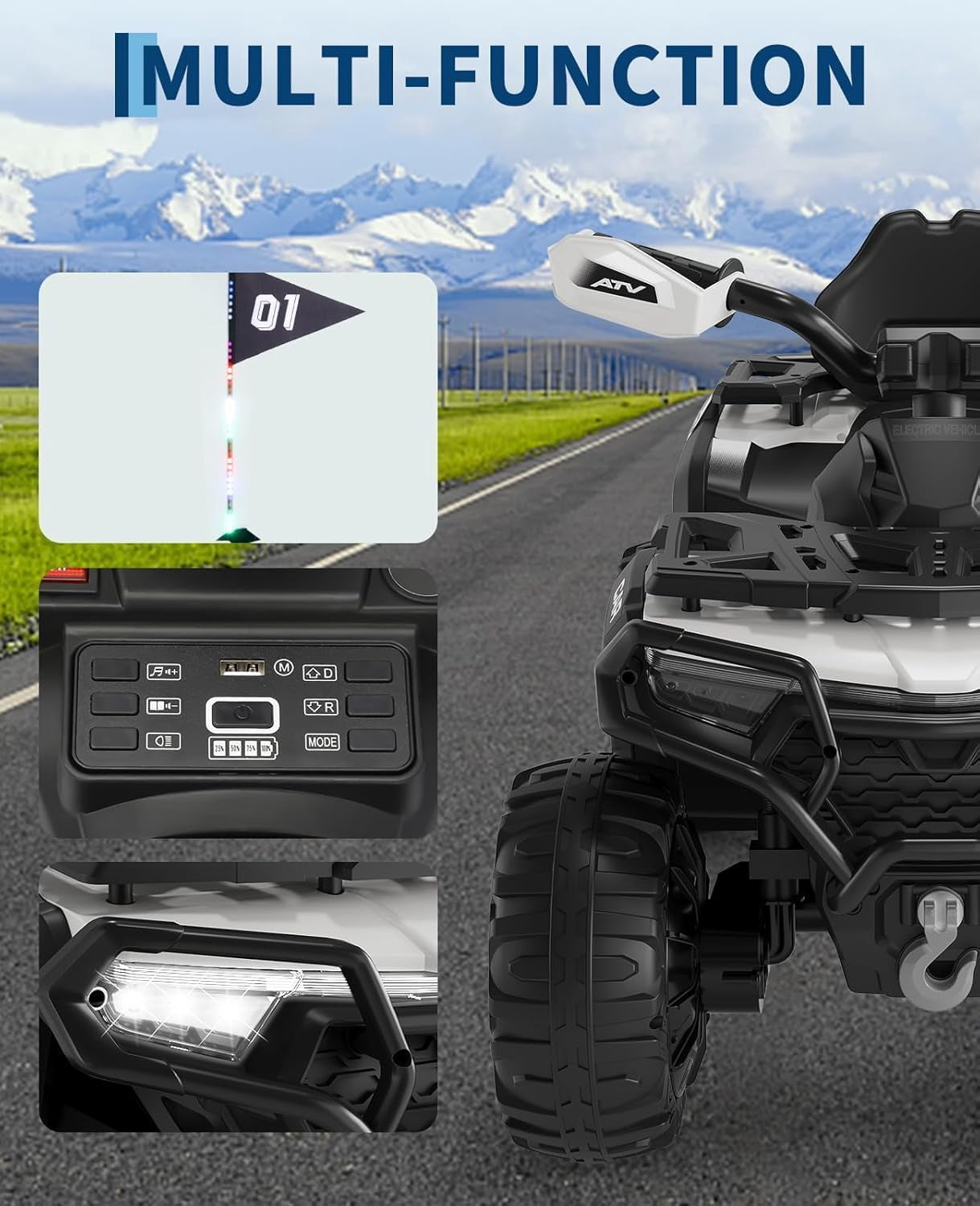 Rugerasy 12V 4 Wheeler ATV,Ride on Eletric Motorcycle, 2-Seater Electric Vehicle Toy Car with High&Low Speed, Music, Led Lights for 3-8 Years,White
