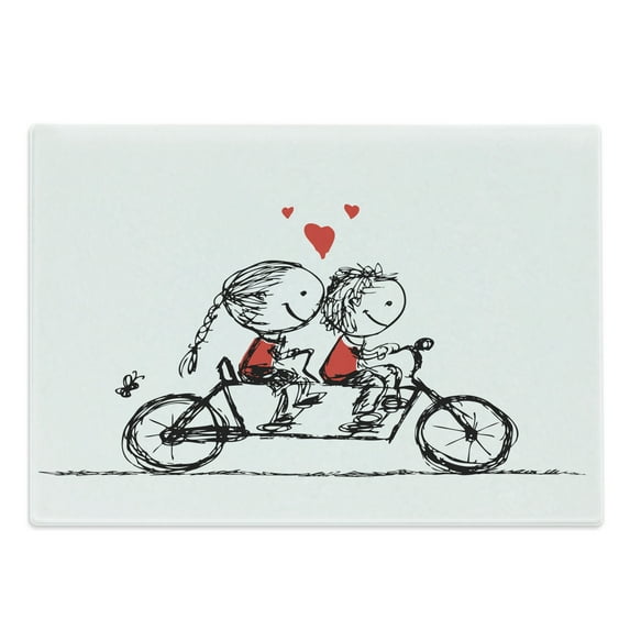 Bicycle Cutting Board, Love Couple Cycling Together Soul Mates Valentines Sketchy Print, Decorative Tempered Glass Cutting and Serving Board, Large Size, Black White Scarlet, by Ambesonne