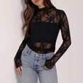 thumbnail image 2 of VBVC Women's Long Sleeve Lace Mesh Sheer Top,Ladies High Neck See-Through Floral Blouse,Slim Fit Party Clubwear Crop Top for Women,Black,S-XL, 2 of 7
