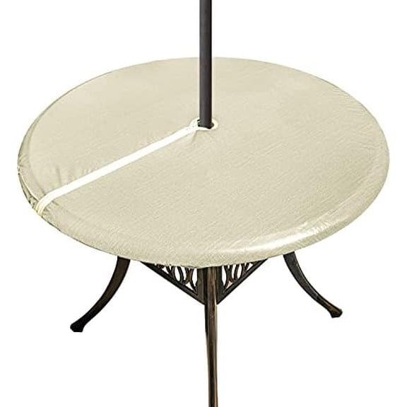 Round Vinyl Outdoor Tablecloth with Umbrella Hole, Patio Table Cover with Zipper Elasic Edge 100% Waterproof Wipe Clean for Party Picnic, 40" - 44", Champagne