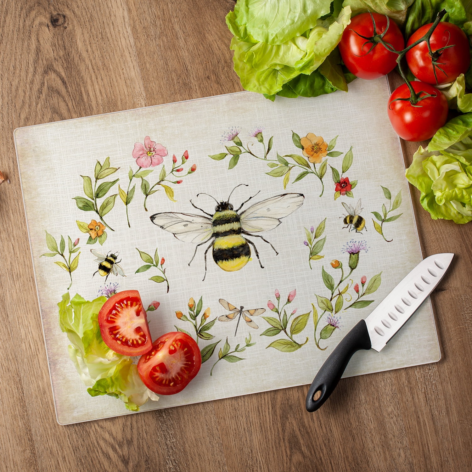CounterArt Bee Wreath 3mm Tempered Glass Cutting Board 15" by 12"