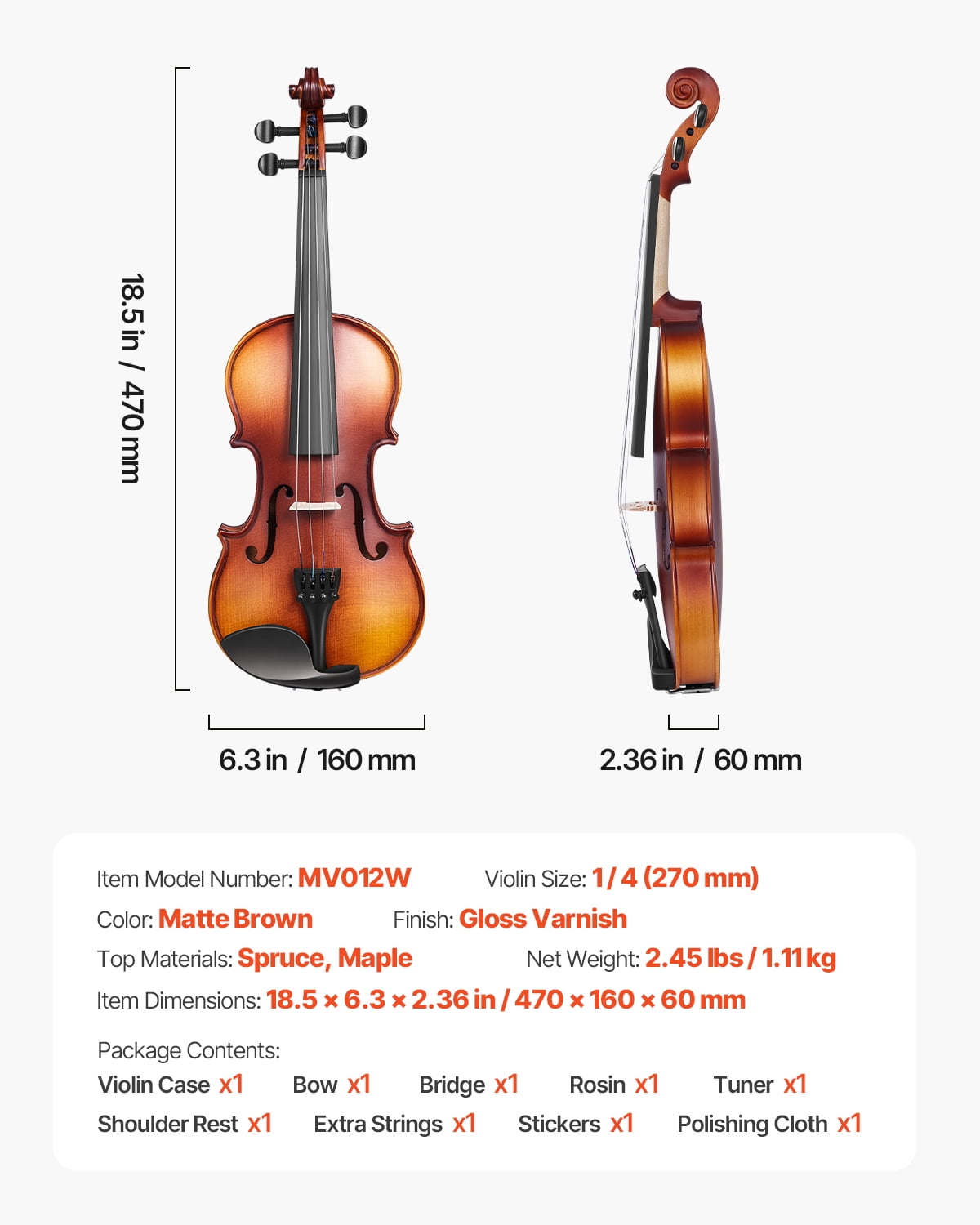VEVOR Violin 1/4 Size for Adults, Violin Fiddle Set for Beginners Student with Hard Case, Rosin, Bow, Shoulder Rest,Bridge,Tuner and Extra Strings,Solidwood Professional Musical Instruments (Brown)