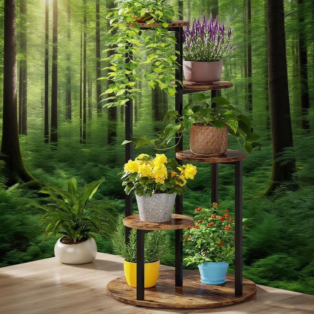 5-Tier Corner Plant Stand Tall Wood & Metal Flower Rack, Rustic Brown Free-Standing Plant Shelf, for Indoor Outdoor Balcony Garden Patio Living Room