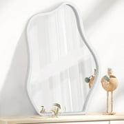 White Asymmetrical Irregular Mirror for Wall Cloud Wooden Framed Hanging Wall Mirror Modern Unique Bathroom Wall Mirror Decorative Bedroom Living Room Entryway Hallway Artistic Hanging Mirror
