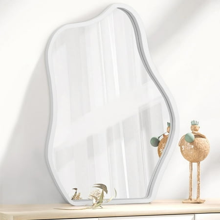 White Asymmetrical Irregular Mirror for Wall Cloud Wooden Framed Hanging Wall Mirror Modern Unique Bathroom Wall Mirror Decorative Bedroom Living Room Entryway Hallway Artistic Hanging Mirror