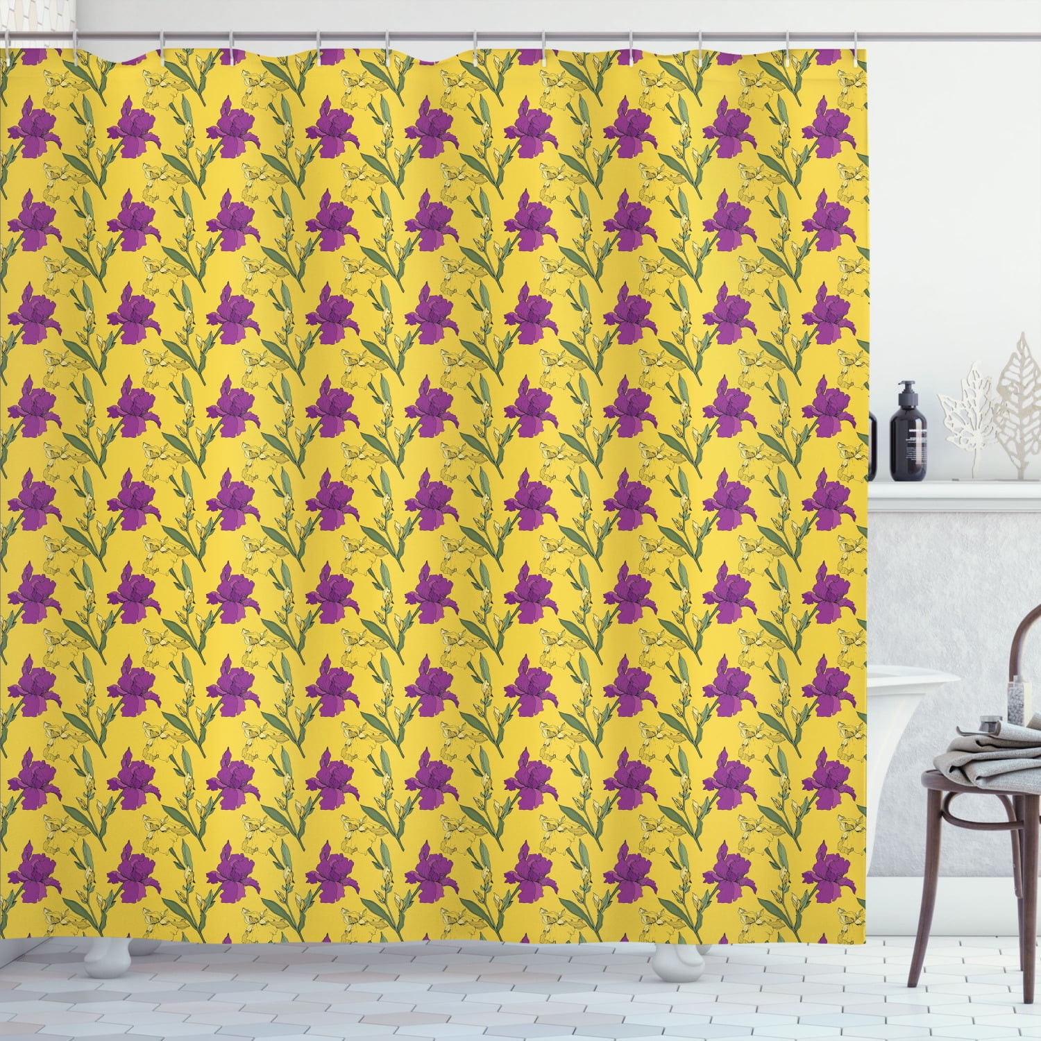 Purple and Yellow Shower Curtain, Ornamental Illustration of Symmetrical Floral Botanical Flower