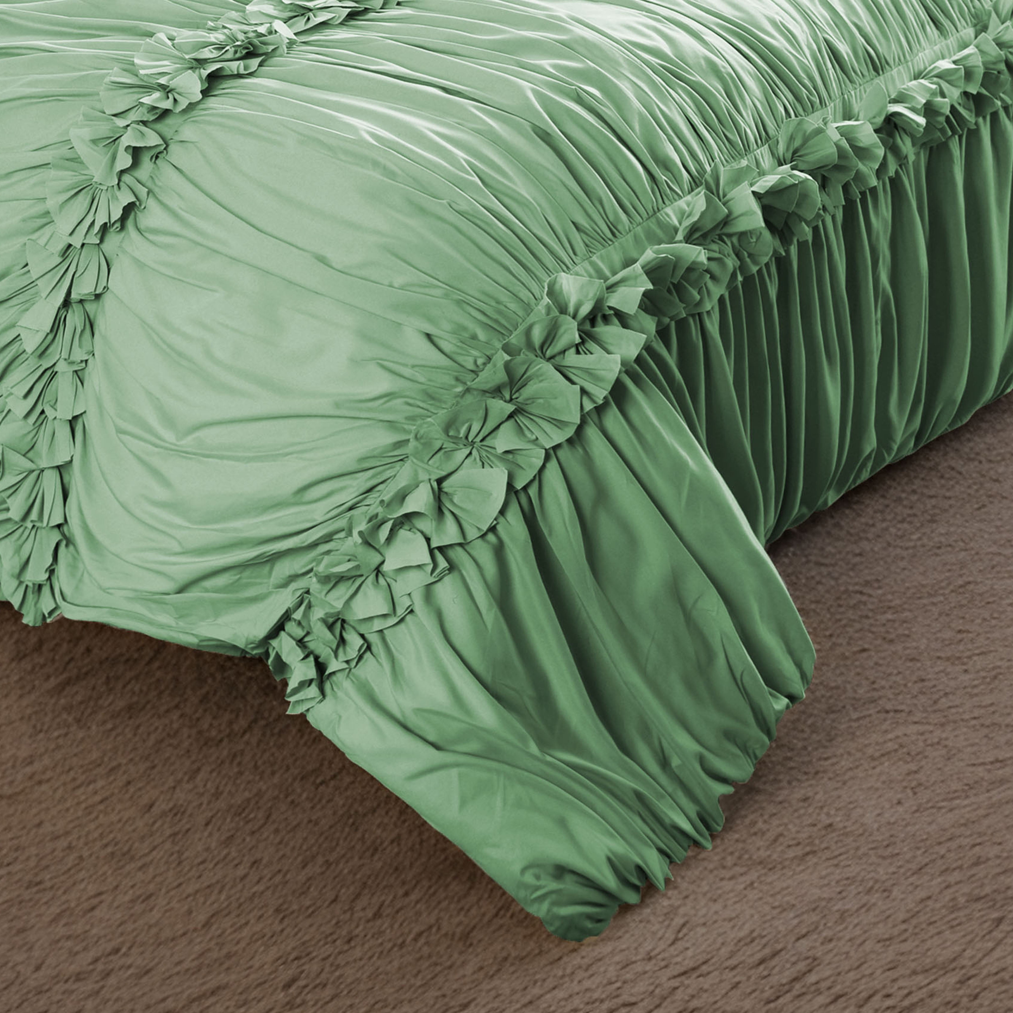 EvJk 7 Piece Ruched Pleat Comforter Set, Sage Romantic Bed in a Bag, Queen