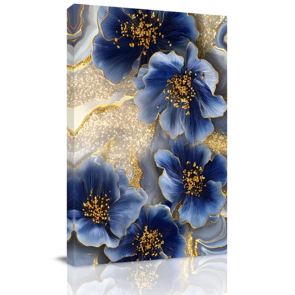 Canvas Wall Art, Navy Blue Golden Flowers Framed Canvas Prints for Bathroom Hallway, Elegant Botanical Floral Blossom Small Gallery Wrapped Wall Decor for Home Office, Gifts, 8"x10" Ship Next Day