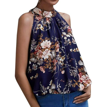 

Fsqjgq Basics Womens Pajamas Set Womens Summer Fashion Top Temperament Printed Bow Tie Halter Neck Off Shoulder Sleeveless T Shirt Tops Women Work Polyester Spandex Blue Xl