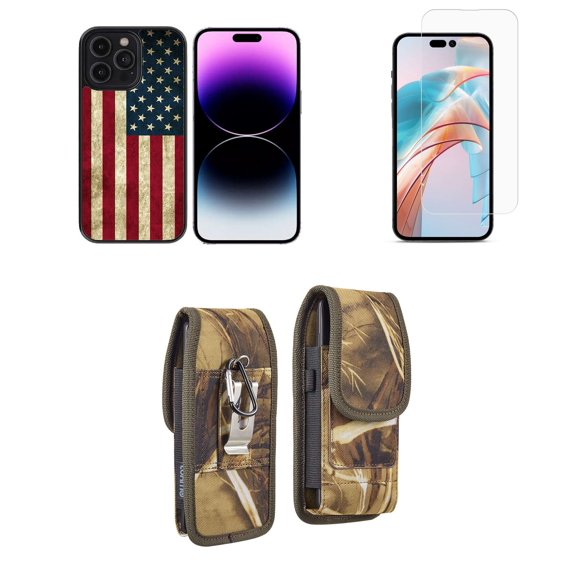 Bemz Phone Case for iPhone 15 Pro Bundle with Lightweight Shockproof Scratch Resistant UV Print Protective TPU Cover, Screen Protector, Vertical Nylon Belt Holster Pouch (Rustic American Flag)