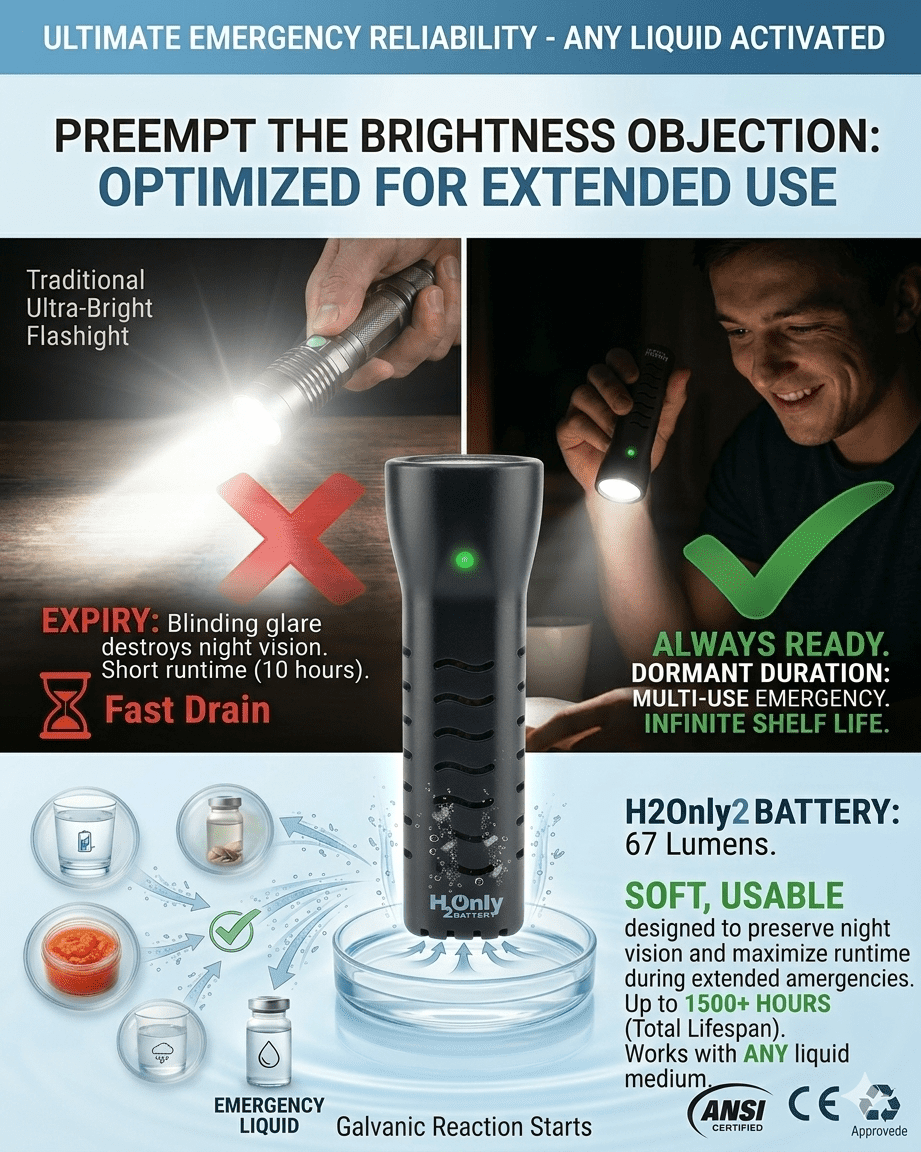H2OnlyBattery Flashlight - No Batteries Needed - Water Powered (or Any Liquid)- No Expiration Date - 67 Lumens, Emergency Light - Last up to 1500 Hours (Black)