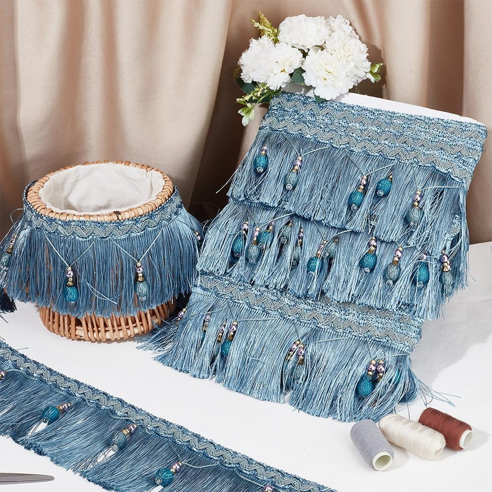 6m/6.6 Yards Hanging Beads Fringe Trim 4.4 Inch Wide Beaded Tassel Lace Sky Blue Bead Fringe Ribbon Hanging Ball Fringe Trim Ribbon for DIY Crafts Clothing Curtain Table Home Decor