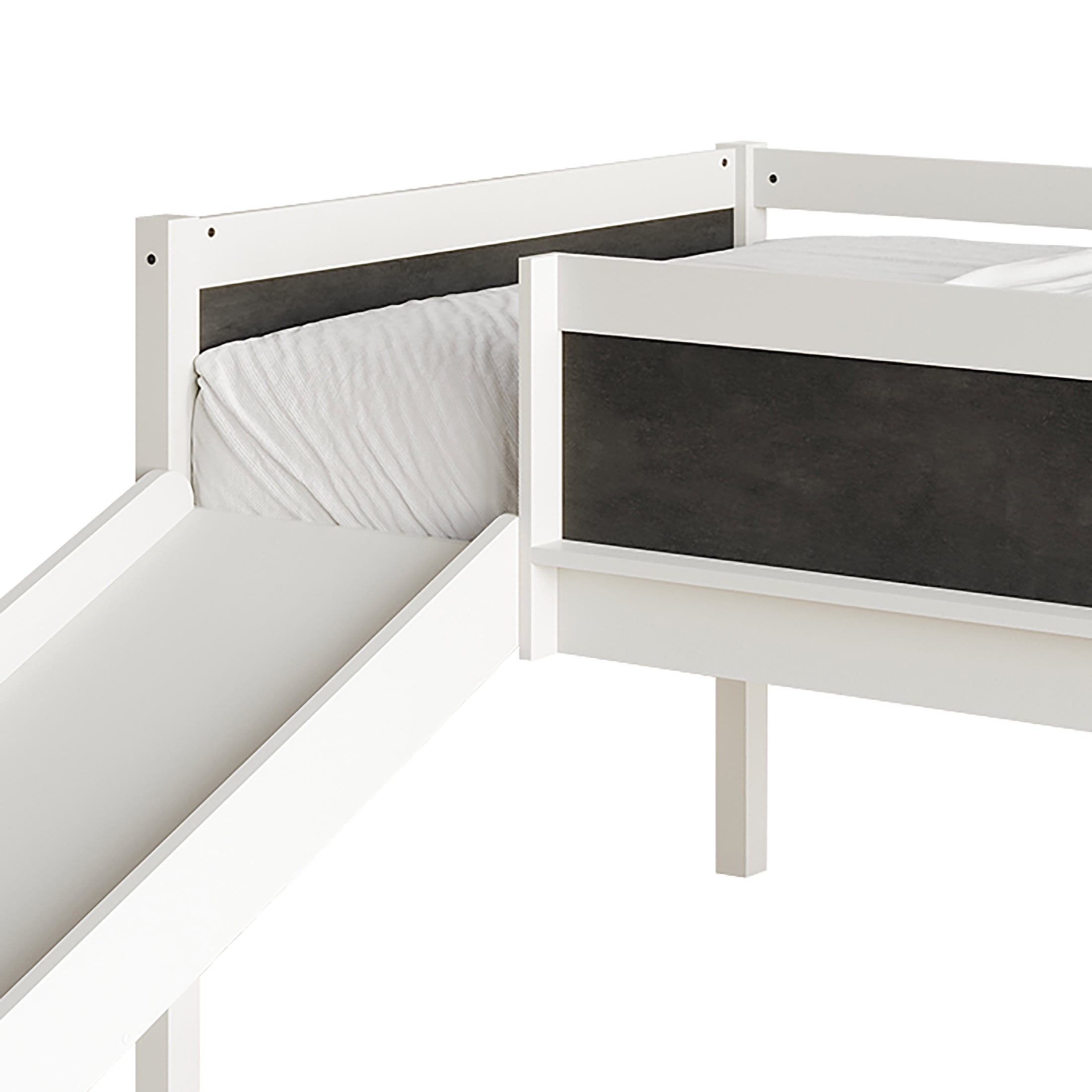 Castle Place Wooden Twin Junior Loft Bed with Chalkboard and Slide, White