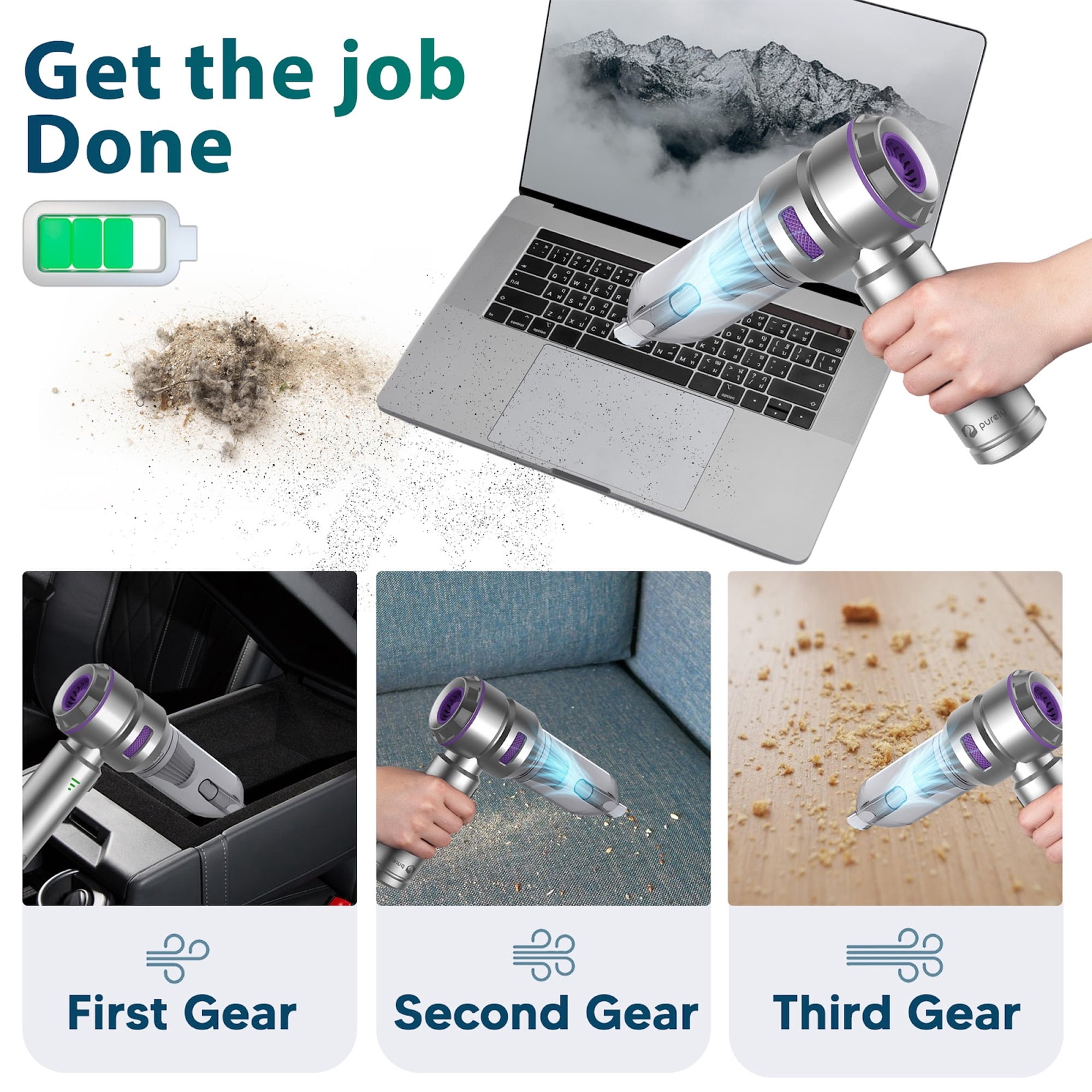 Purely C220 3 in 1 Compressed Air Duster, Mini Vacuum Cleaner & Hand Pump, 90000 RPM Electric air Duster for Keyboard Cleaner, Handheld Rechargeable Cordless Vacuum Brushless 100W High Power Motor