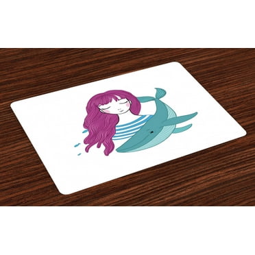 Ambesonne Retro Place Mats Set of 4, Teen Girl with a Whale, Standard Size, Turquoise Magenta