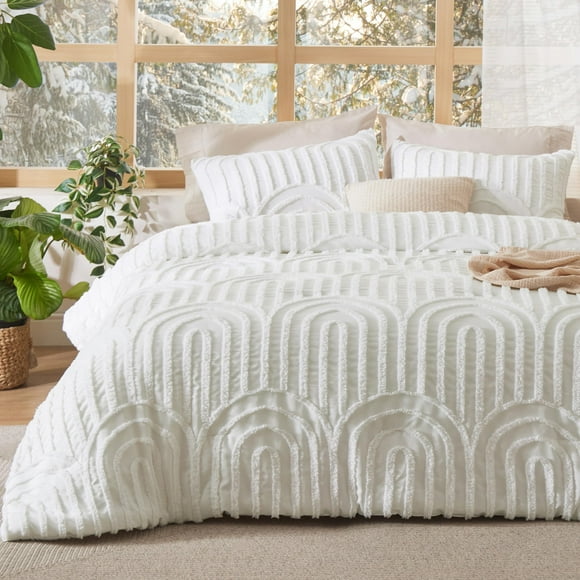Juego de edredón Bedsure Boho Tufted Queen White, 3 piezas