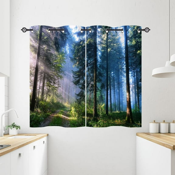 Forest Kitchen Curtains - Nature Landscape Theme Mystical Woodland Trees Sunrise Paths Scenery Scene Print Pattern Grommet Waterproof Window Drapes for Bathroom Bedroom 2 Panels 27.5 x 39 Inch