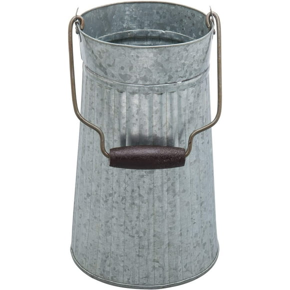 ERDS-10 Inch Tall Vintage Farmhouse Flower Bucket with Mango Wood Handle, Rustic Galvanized Metal Decorative Vase for Dried or Artificial Flowers - Handcrafted in India