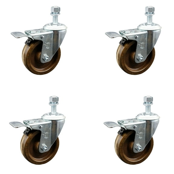 4 Inch High Temp Phenolic Swivel 12mm Stem Caster Set with Total Lock Brake