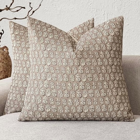 Set of 2 Decorative Vintage Floral Print Throw Pillow Covers Neutral Modern Farmhouse Cushion Covers Boho Home Decor for Sofa Chair Couch Bedroom Living Room,18×18 Inch,Tan Taupe