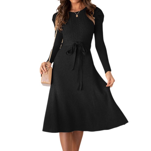 Vestido Vestido de punto acanalado casual de una línea de mujer vestido de suéter elegante de color sólido Ygjytge Negro T XL para Mujer