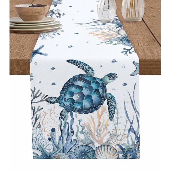Summer Sea Turtle Table Runner 90 Inches, Ocean Coastal Coral White Bed Runner Dresser Scarves Tabletop for Indoor Outdoor Parties/Ceremony/Banquet, 13" x 90"