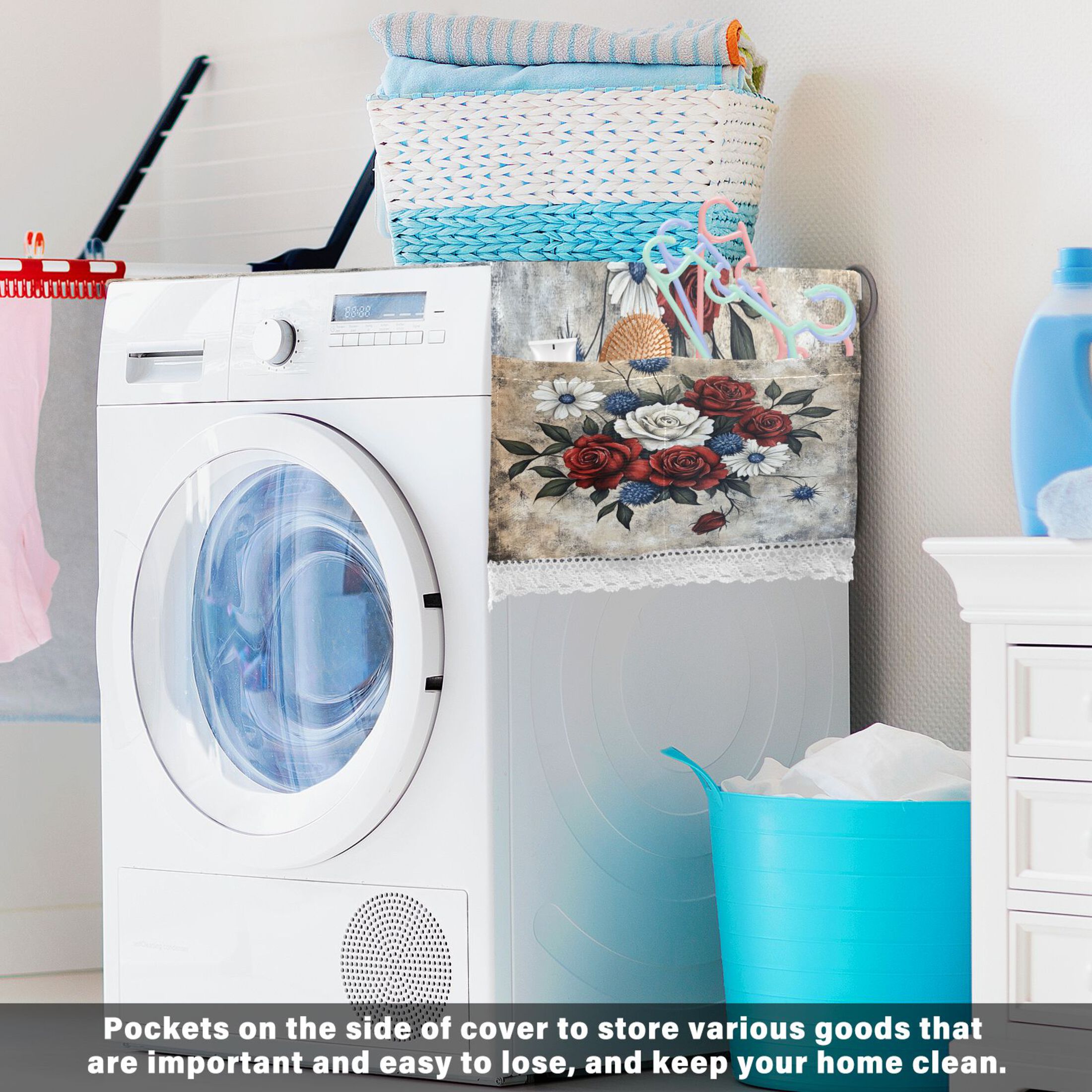 Roses in A VaseWasher and Dryer Covers Dust-Proof and Oil Resistant Fridge Cover with 4 Storage Pockets Washing Machine Top Cover for Laundry Kitchen Home 51.2 x 22 In