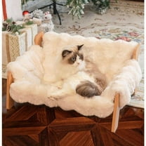 Elevated Cat Couch Bed for Indoor Cats Wooden Cat Sofa with Removable Washable Fluffy Cover Raised Kitty Lounge Chair Suitable for Puppy Cat Sofa OffWhite