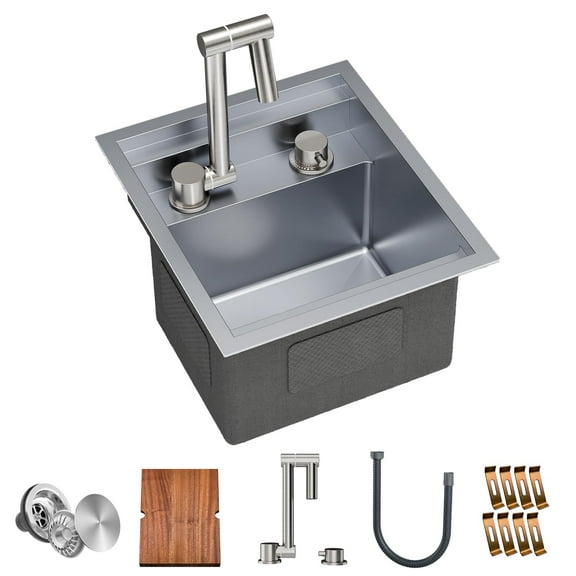 TORVA RV Kitchen Sink, 13 x 15 x 9 Inch Undermount Bar Sink 16 Gauge Stainless Steel Single Bowl Sink with Faucet,Cutting Board-Dark Gray, Grey