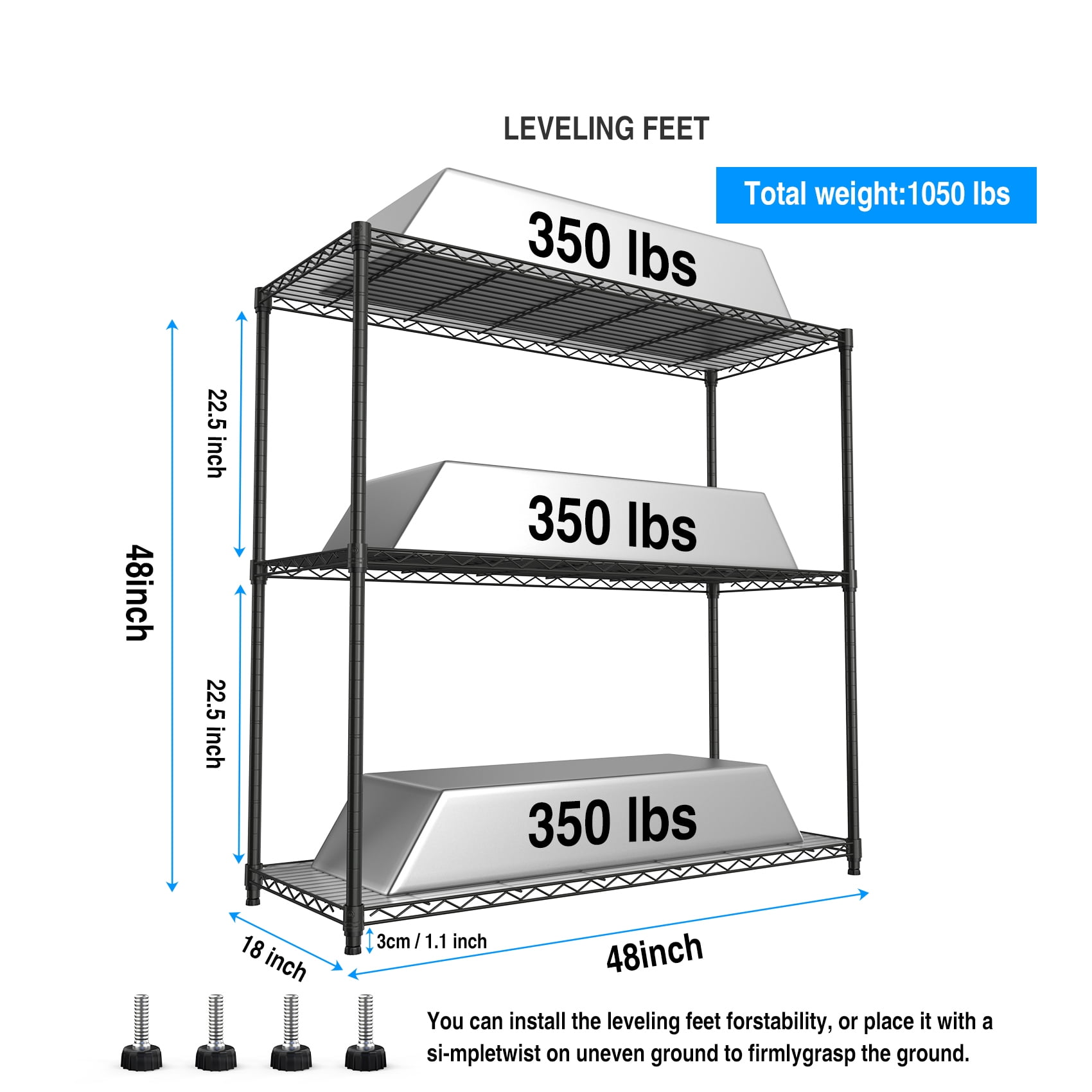 Miniyam 3 Tier Wire Shelving Unit, 1050 LBS NSF Adjustable Metal Garage Storage Shelves, Heavy Duty Storage Wire Rack, Black