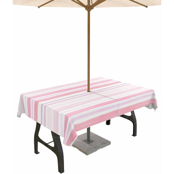 Outdoor Tablecloth with Umbrella Hole and Zipper Stripes Rectangle Outdoor Tablecloths 60x102 Waterproof Outside Table Cloths Pink Line Patio Table Cloth Cover for Outdoor Tables Picnic Garden