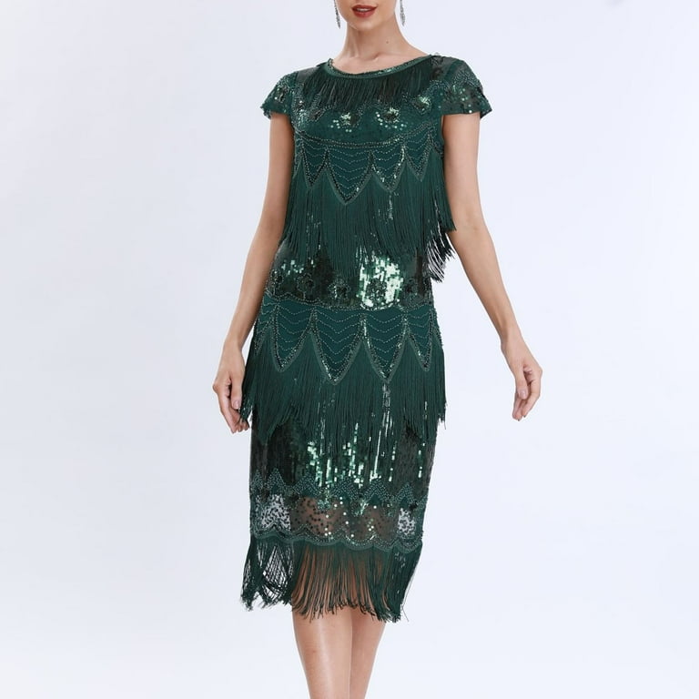 Uyisj 1920s Gatsby Dresses for Women Cap Sleeve Fringe Flapper Dress Roaring 20s Sequins Beaded Dress Vintage Art Deco Dress Green S